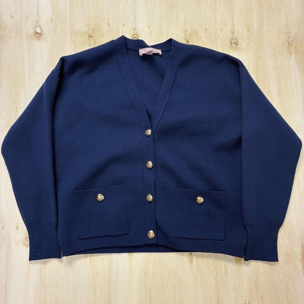 Philosophy Cardigan Sweater Womens Small Blue Collarless V Neck Pockets Buttons